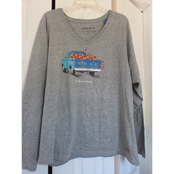 Life Is Good Tops - Life Is Good Crusher V-Neck T-Shirt Womens XXXL Fall Truck Love Heather Gray NEW